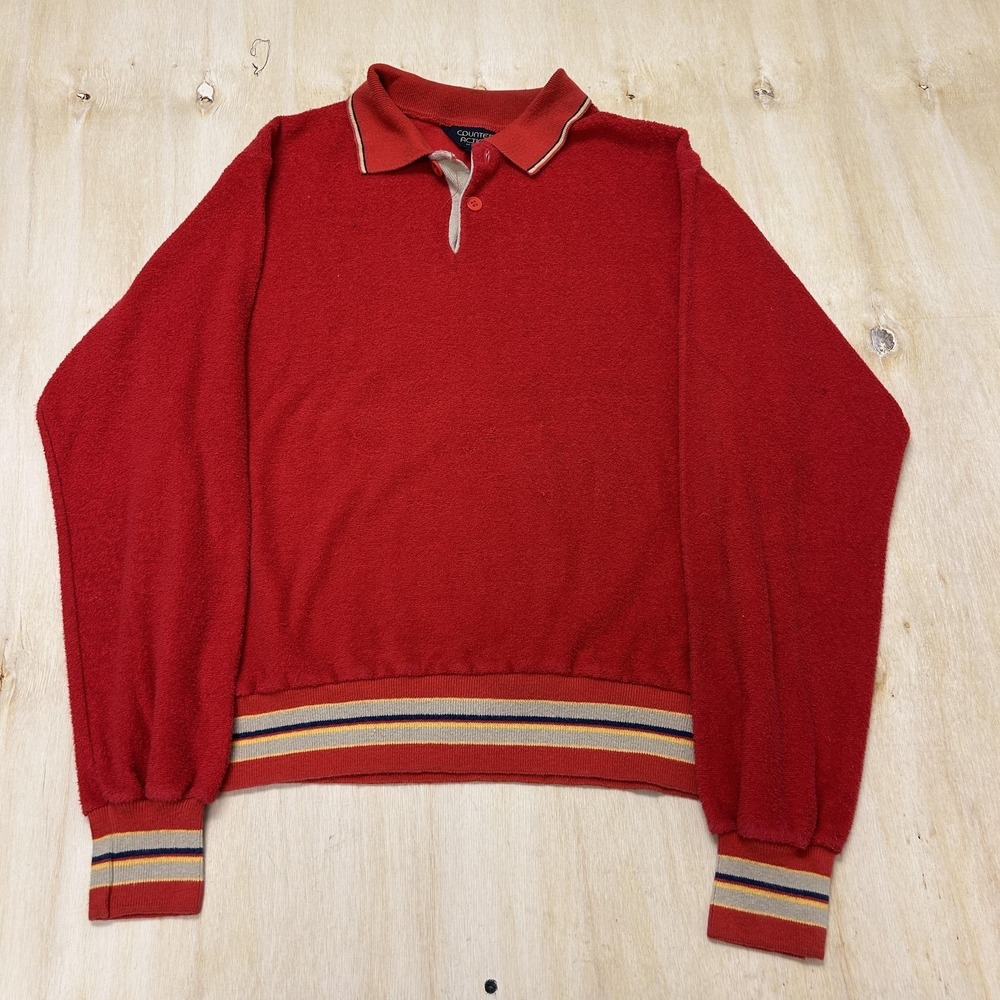 Vintage 70s Counter Action Sweater Mens Large Red Striped Knit Collared Pullover